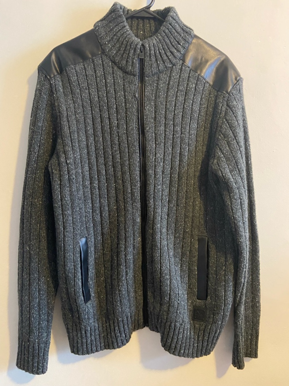 XRAY Men’s XL Marble Gray Full Zip Knit Mock Sweater w Black Faux Leather Accent